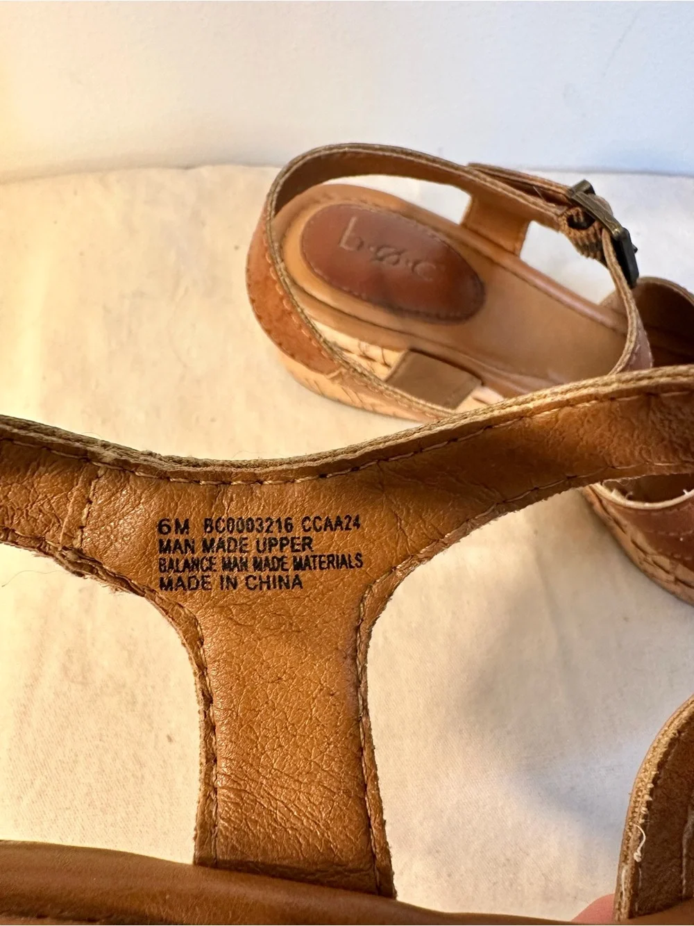 b.o.c. Tan Brown Leather Wedge Sandals with Ankle Strap